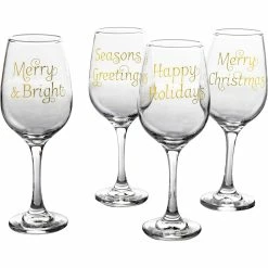 Outlet ???? Gibson Home Imagination Holiday Sayings 14 Oz. Wine Glasses 4 Pc. Set ????