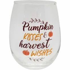 New ???? Gibson Home Harvest Pumpkin Kisses & Harvest Wishes Stemless Wine Glass ????